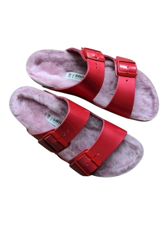 Birkenstock Shoes - Birkenstock Dark Pink-Red Arizona Sandals with Light Pink Shearling Footbed